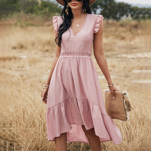 Women Summer Fashion Hollow Out Ruffle Pink Lace Slim Elegant Casual Sleeveless Midi Dress