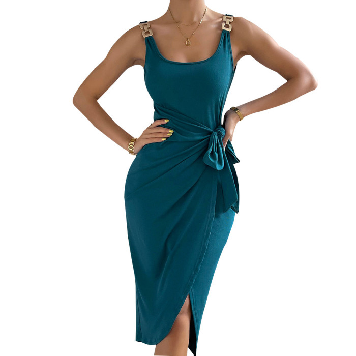 Women's Summer Fashion Elegant Dark Green Slim Midi Dress
