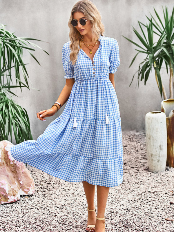 Women Vintage  Plaid Casual Puff Sleeve V-Neck Elegant Loose Midi Dress