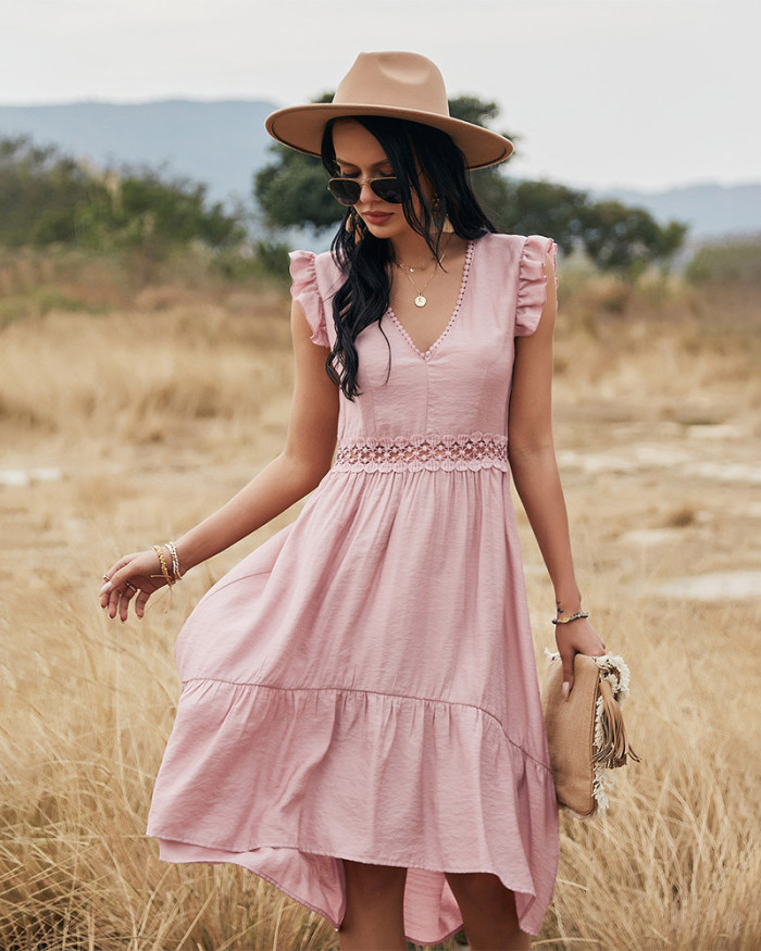 Women Summer Fashion Hollow Out Ruffle Pink Lace Slim Elegant Casual Sleeveless Midi Dress
