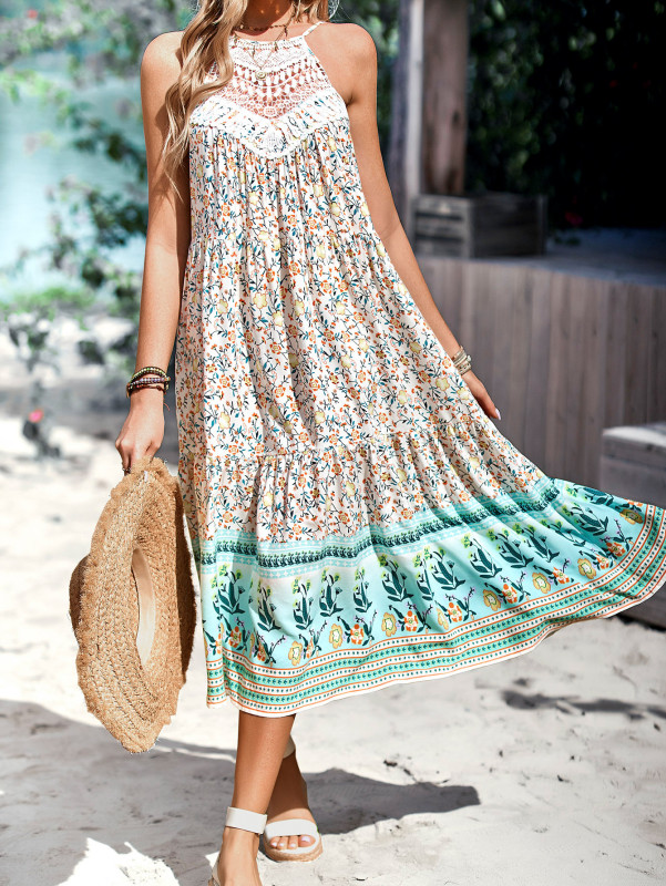 Women's Floral Print Bohemian Summer Sexy Hollow Out Vacation Dress