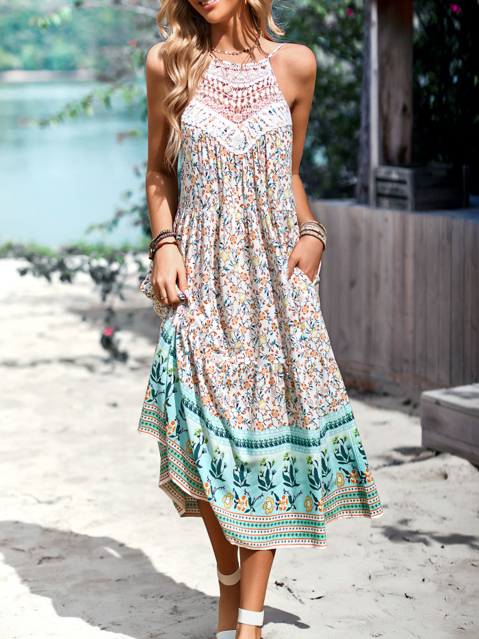 Women's Floral Print Bohemian Summer Sexy Hollow Out Vacation Dress