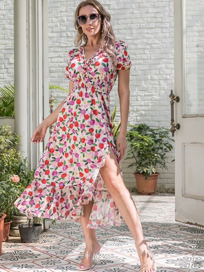 Women Summer Floral Casual Ruffle Big Hem Slit Holiday Beach Elegant V Neck Puff Sleeve Maxi Dress