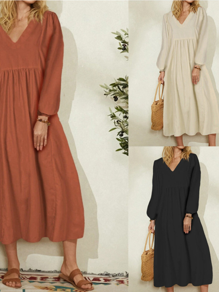 Women's New Solid Color Fashion V-neck Cotton Linen Loose Lantern Sleeve Midi Dress