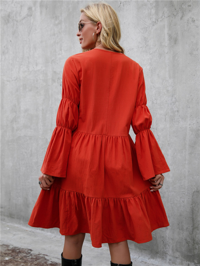 New Summer Ruffle V Neck Solid Color Chic Casual Dress