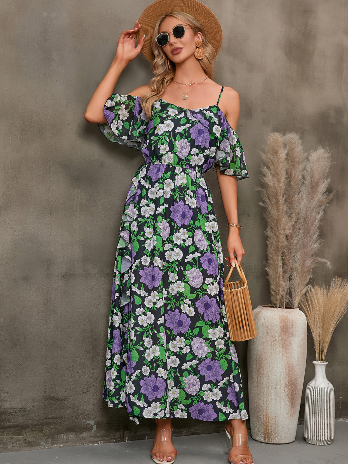 Women's Summer Boho Floral Print High Waist Maxi Dress