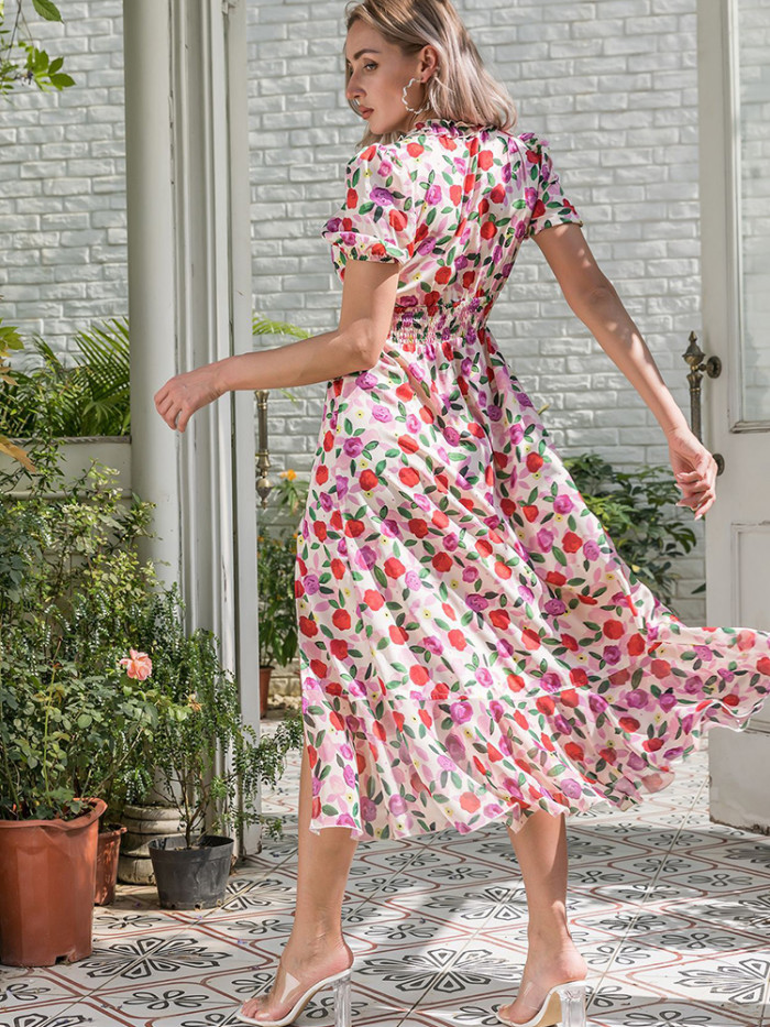 Women Summer Floral Casual Ruffle Big Hem Slit Holiday Beach Elegant V Neck Puff Sleeve Maxi Dress