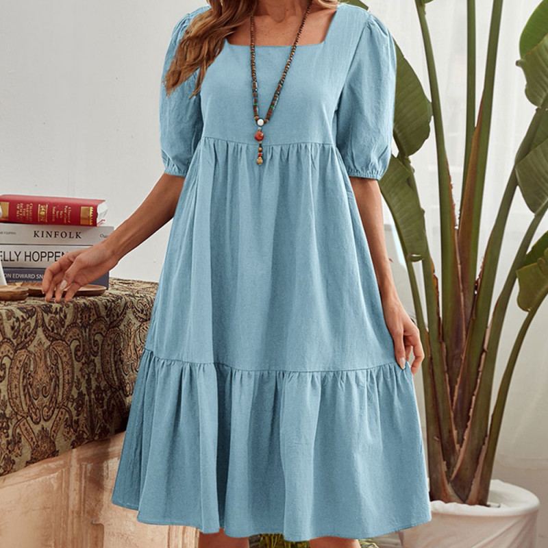 Summer Beach Dresses for Women Cotton Elegant Square Collar Puff Sleeve Casual Dress