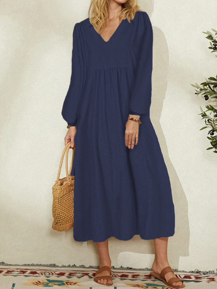 Women's New Solid Color Fashion V-neck Cotton Linen Loose Lantern Sleeve Midi Dress