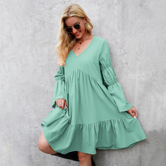 New Summer Ruffle V Neck Solid Color Chic Casual Dress