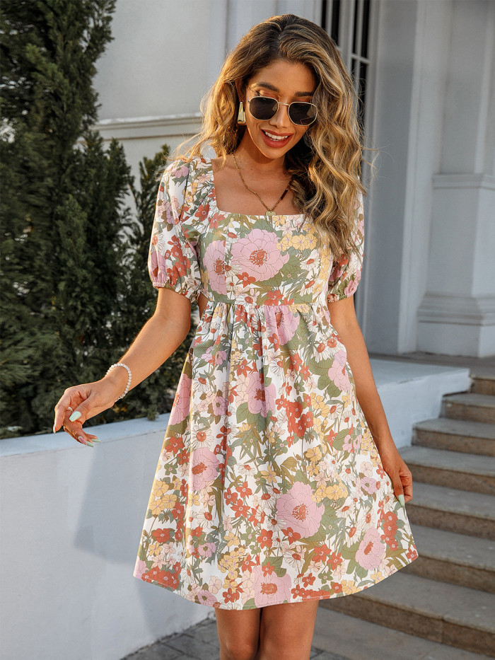 Women's Square Neck Short Sleeve Casual Floral Print High Waist Ruffle Casual Dress