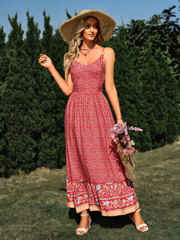 Women's Bohemian V-neck Slip Floral Waist-up Maxi Dress