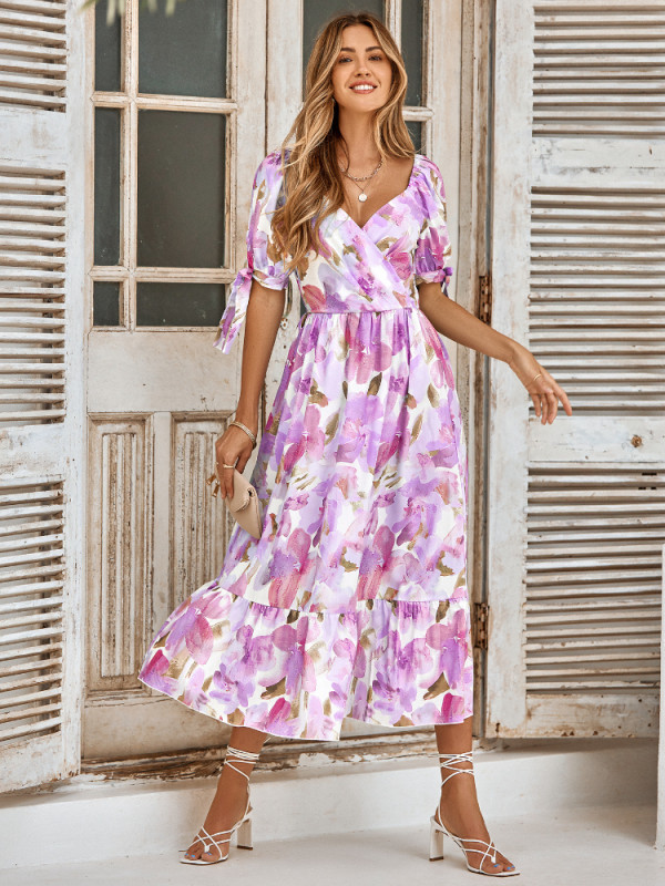 New Women Clothing Casual Printing Bubble Sleeve V-neck Maxi Dress