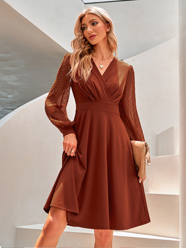 Women New Long Sleeved Spring Summer Elegant Mesh Sleeve V Neck Midi Dress