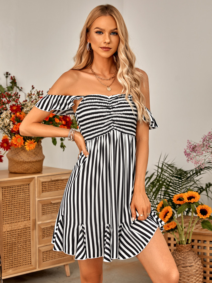 Women's Spring/summer New Casual Off-the-shoulder Ruffled Striped Mini Dress