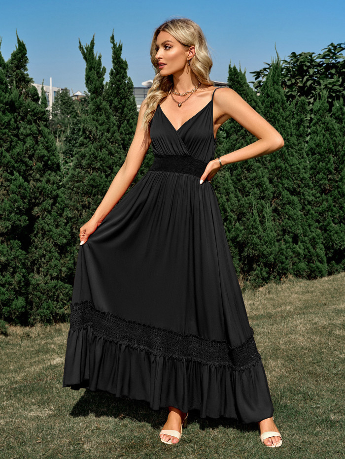 Women's New Casual Solid Color Cinched Waist V-neck Maxi Dress