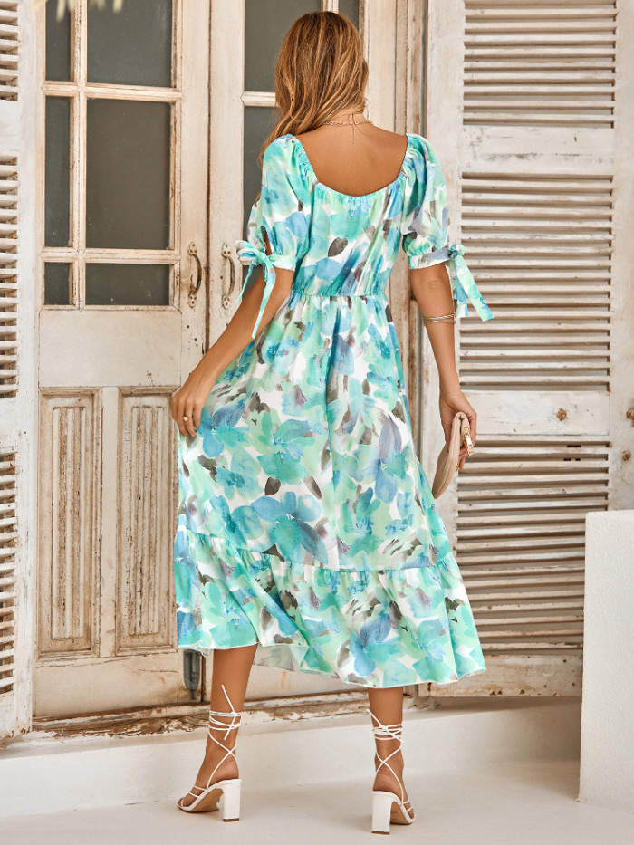 New Women Clothing Casual Printing Bubble Sleeve V-neck Maxi Dress