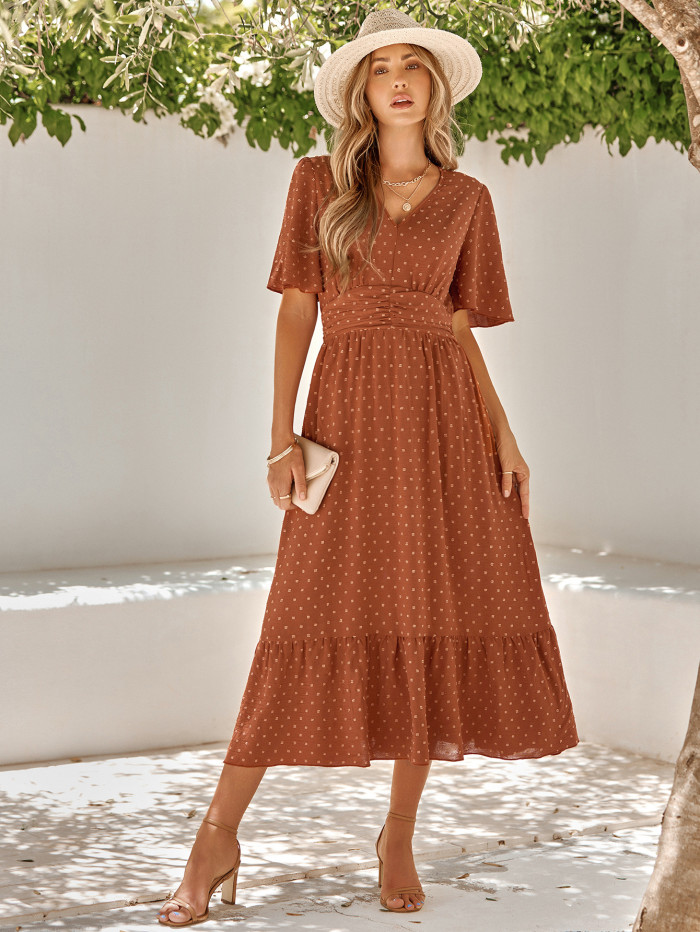 Women's New Casual V-neck Ruffled Sleeve Solid Color Midi Dress