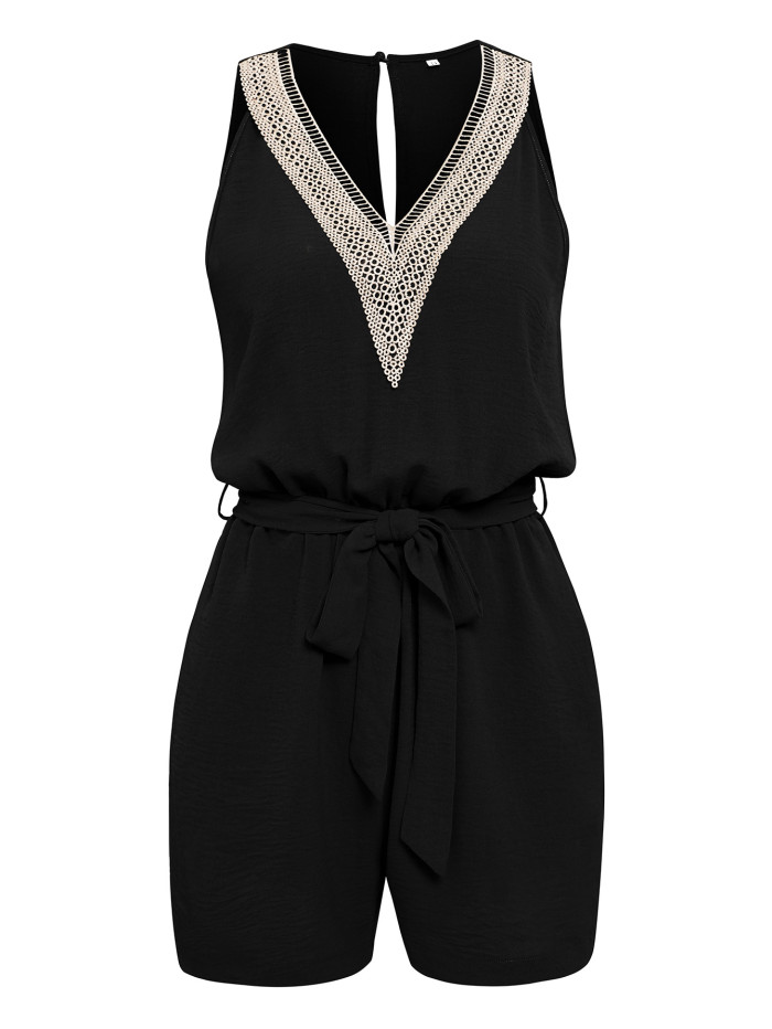 New Women's Casual Lace V-neck Solid Sleeveless Rompers
