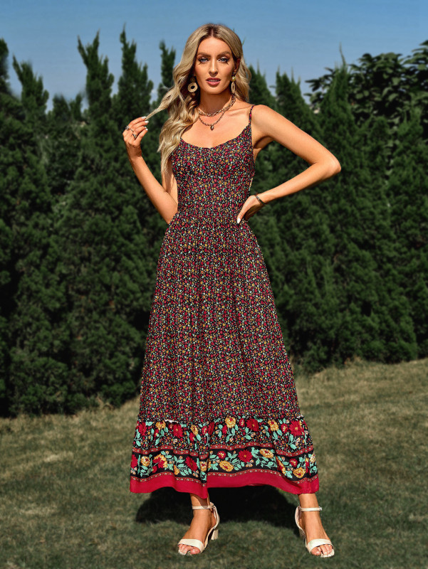 Women's Bohemian V-neck Slip Floral Waist-up Maxi Dress