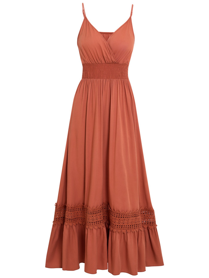 Women's New Casual Solid Color Cinched Waist V-neck Maxi Dress