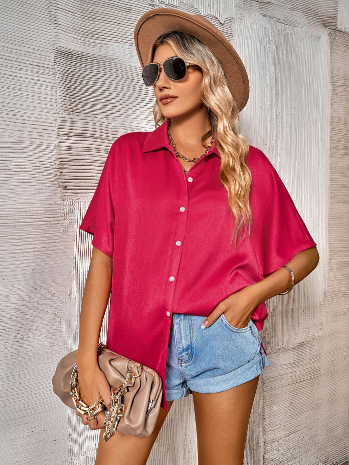 Women's New Casual Fashion Lapels Loose Solid Color Shirt