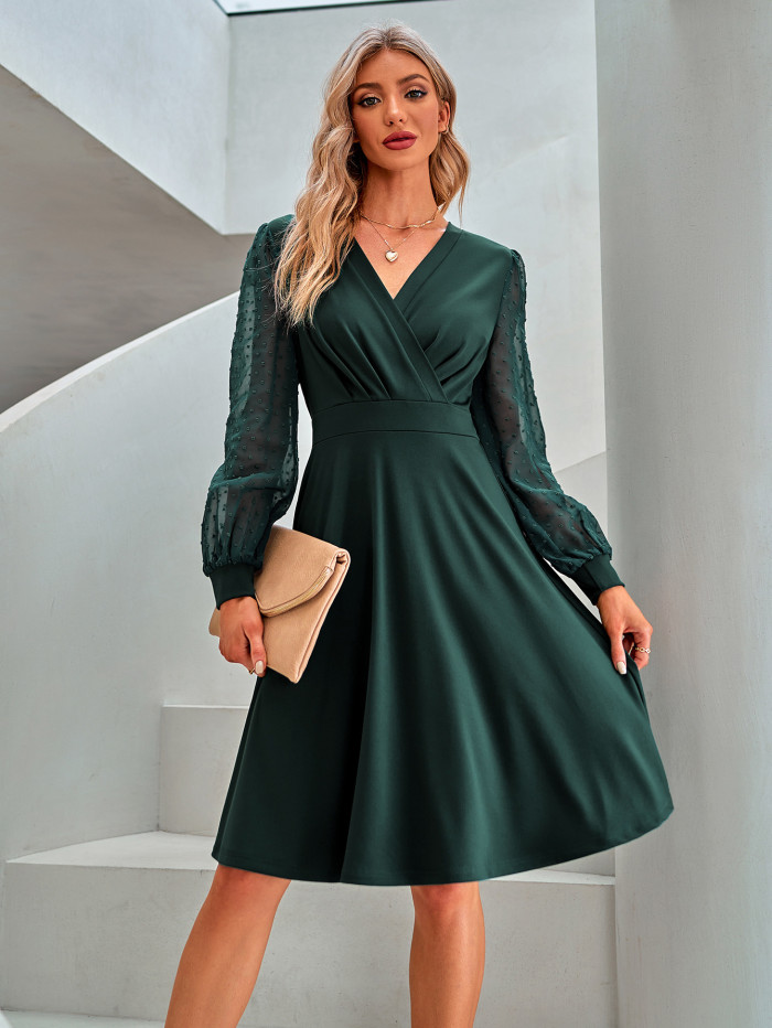 Women New Long Sleeved Spring Summer Elegant Mesh Sleeve V Neck Midi Dress