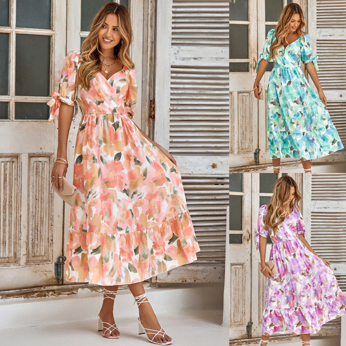 New Women Clothing Casual Printing Bubble Sleeve V-neck Maxi Dress