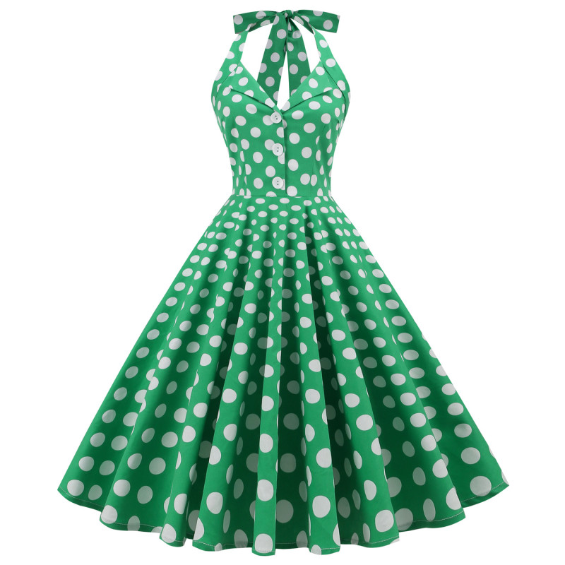 Women Polka Dot Hepburn Style Backless Halter Party 50s Vintage Dress