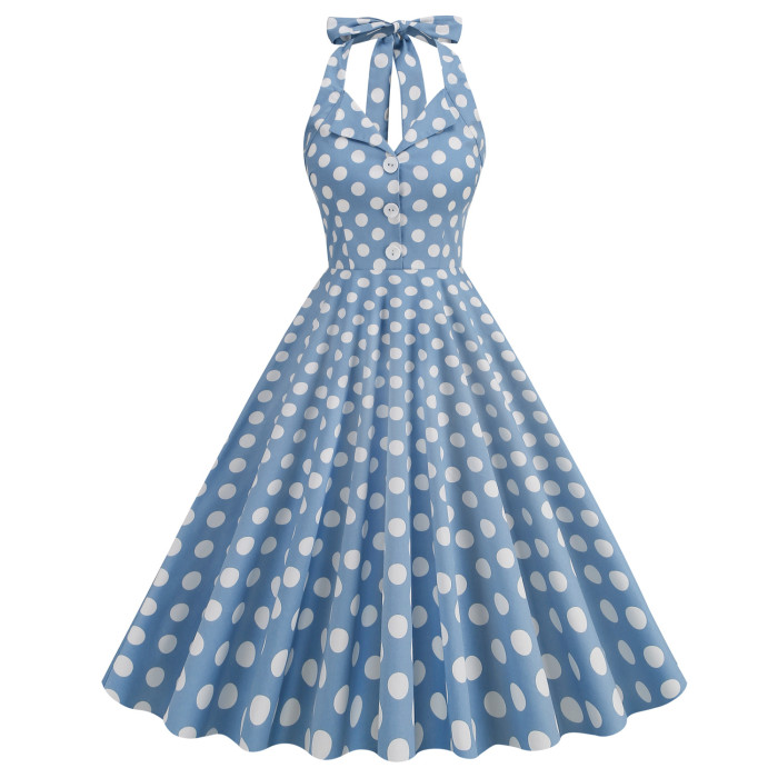 Women Polka Dot Hepburn Style Backless Halter Party 50s Vintage Dress