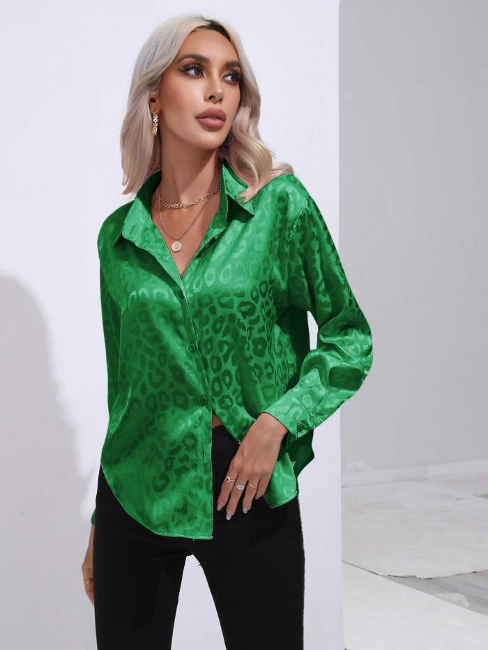 Women's Casual Satin Long-sleeved Leopard Print Shirt