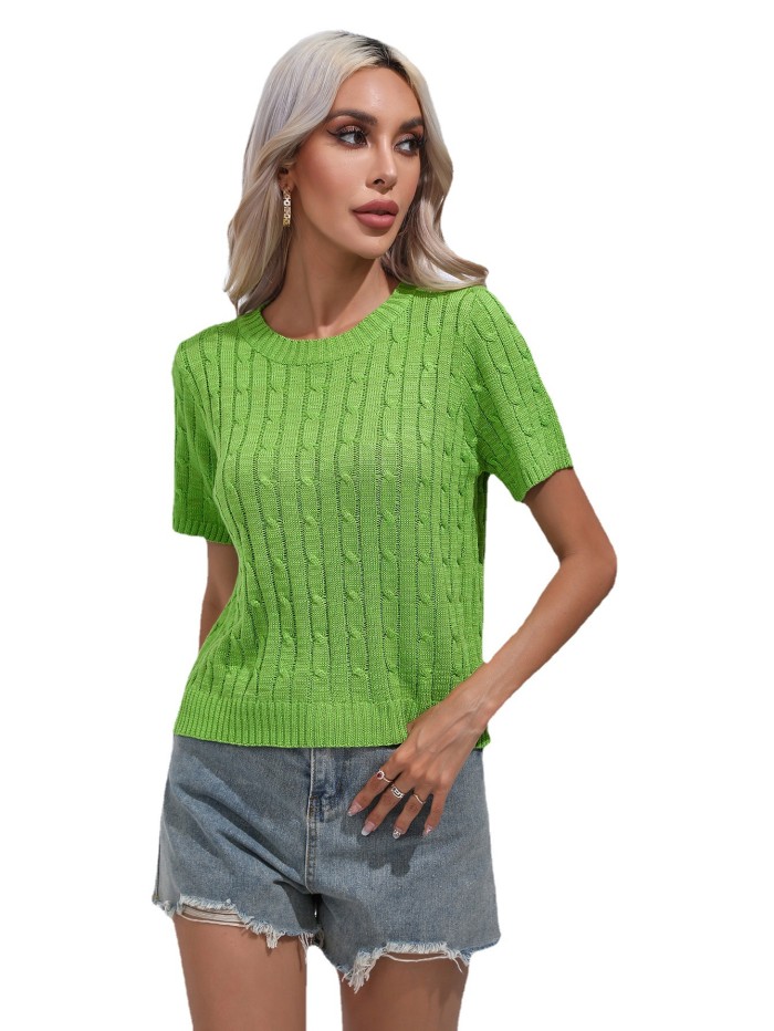 New Women's Crewneck Solid Knitted Short Sleeves T-Shirts