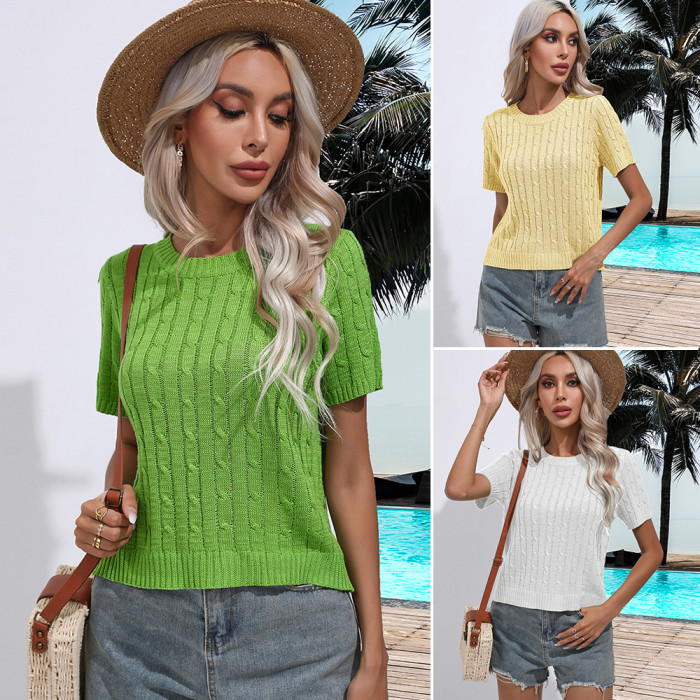 New Women's Crewneck Solid Knitted Short Sleeves T-Shirts