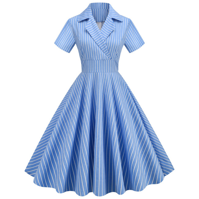 Women Vintage Striped Party Swing Short Sleeves 1950 Vintage Dress