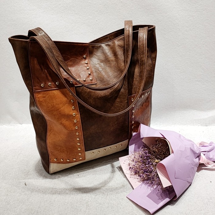 Vintage Studded Contrast Panels Shoulder Tote Bag