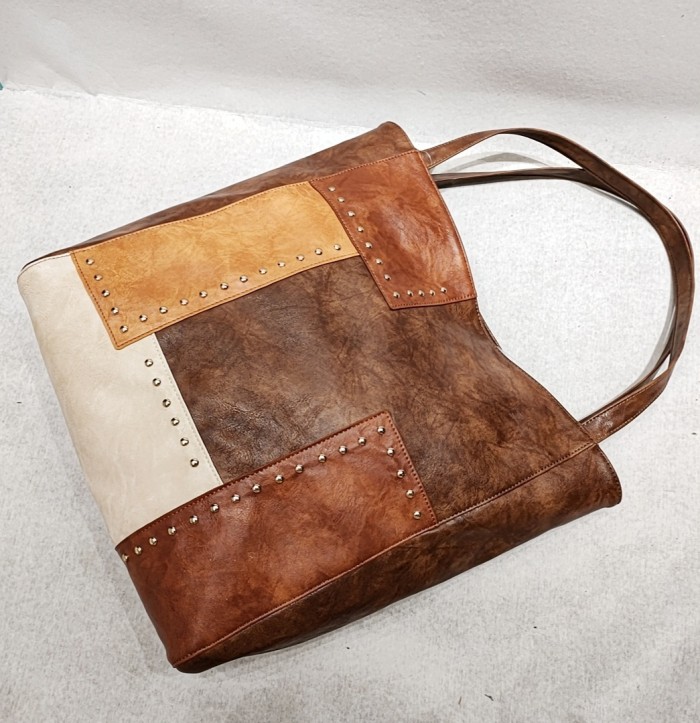 Vintage Studded Contrast Panels Shoulder Tote Bag