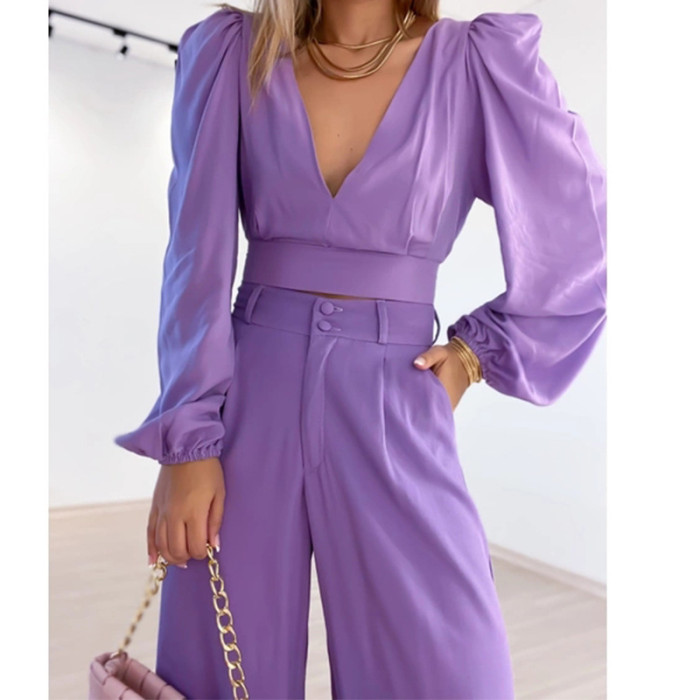 Women's New V-neck Long-sleeved Shirt + High-waisted Wide-leg Trousers Plus-size Fashion Casual Two-piece Outfits