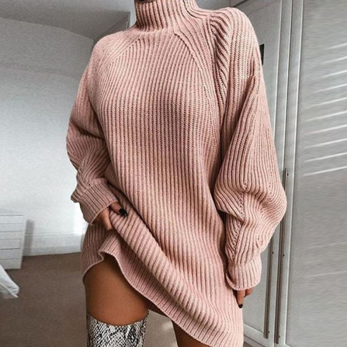 Women Turtleneck Knitted Sweater Dress Loose Oversized Dresses