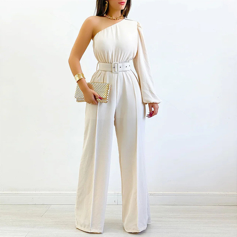 Women's New Fresh Sweet Off-the-shoulder Long-sleeved High-waisted Wide-leg Jumpsuit (including belt)