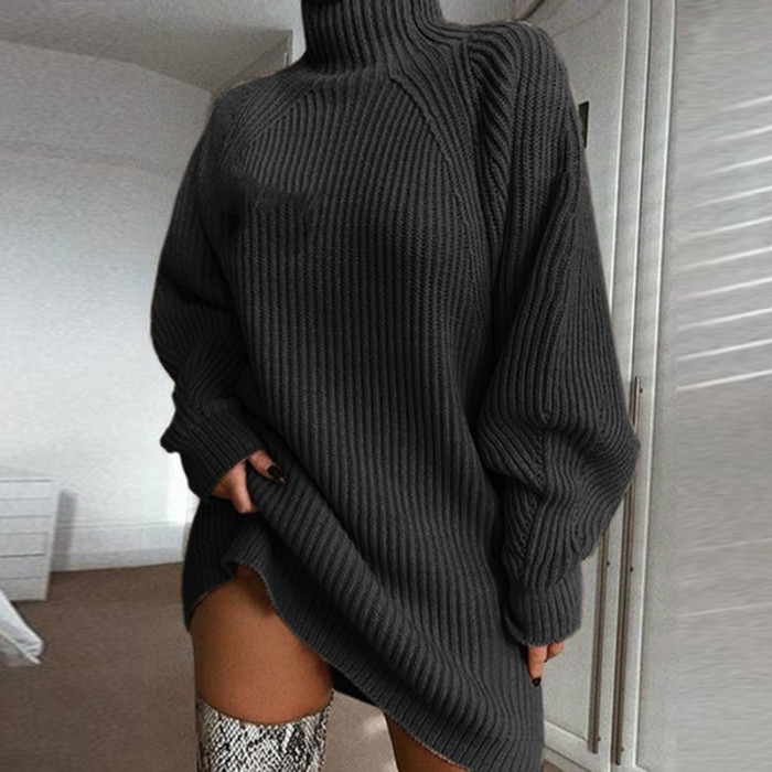 Women Turtleneck Knitted Sweater Dress Loose Oversized Dresses