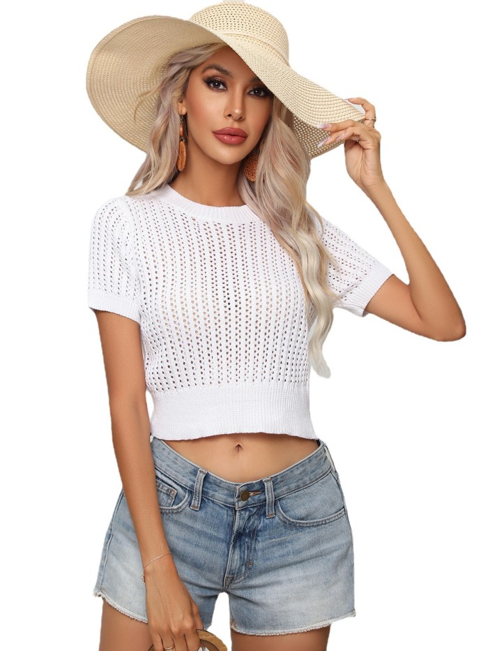 Fashion Women's Cutout Short-sleeved Crewneck Cropped Knitted T-Shirts