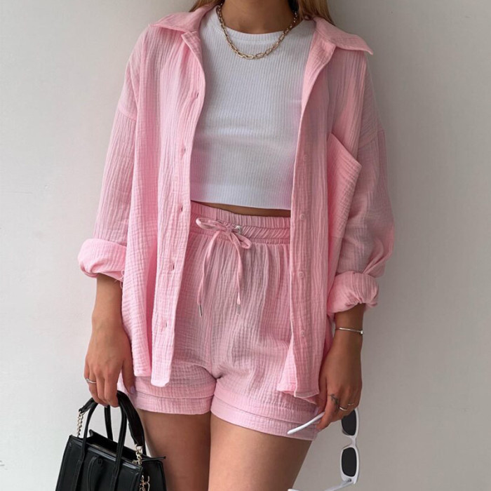 Women's Lapels Long Sleeve Shirt + High Waist Drawstring Shorts Large Size Fashion Casual Two-piece Outfits