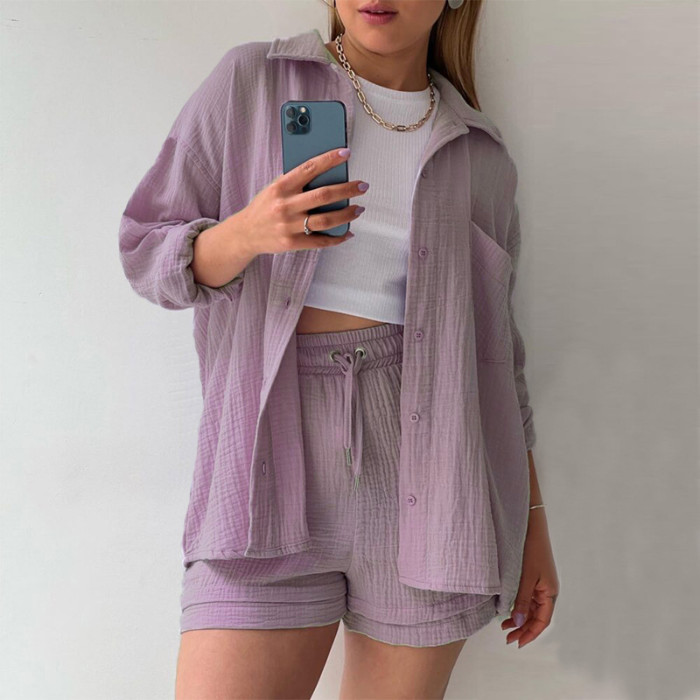 Women's Lapels Long Sleeve Shirt + High Waist Drawstring Shorts Large Size Fashion Casual Two-piece Outfits