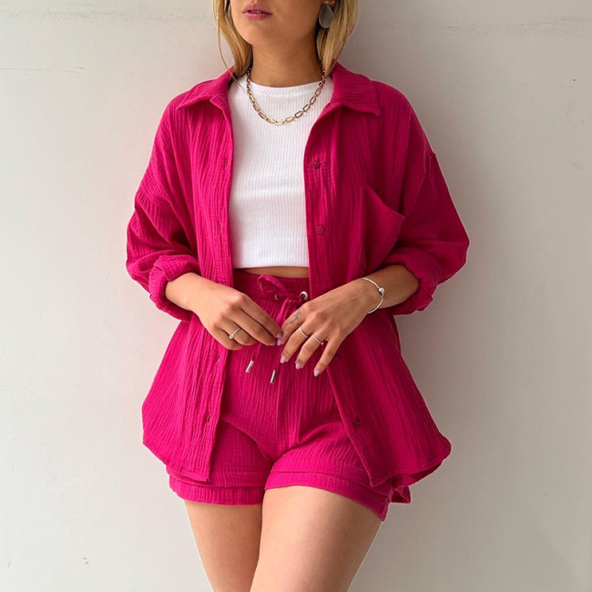 Women's Lapels Long Sleeve Shirt + High Waist Drawstring Shorts Large Size Fashion Casual Two-piece Outfits