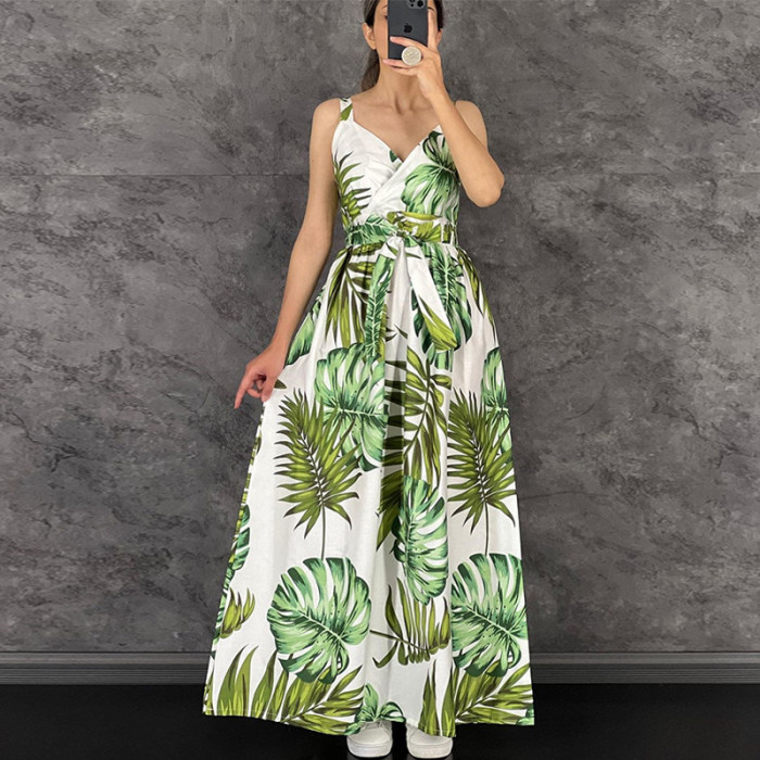 Women's New Temperament V-neck Slip High-waisted Print Maxi Dress