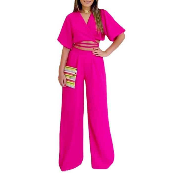 New Plus-size Women's V-neck Short-sleeved Top + High-waisted Wide-leg Pants Fashion Two-piece Outfits