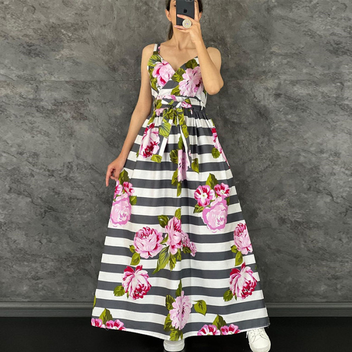 Women's New Temperament V-neck Slip High-waisted Print Maxi Dress