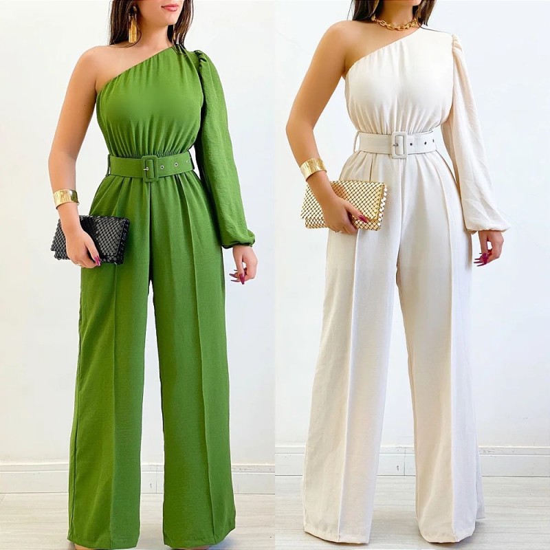 Women's New Fresh Sweet Off-the-shoulder Long-sleeved High-waisted Wide-leg Jumpsuit (including belt)