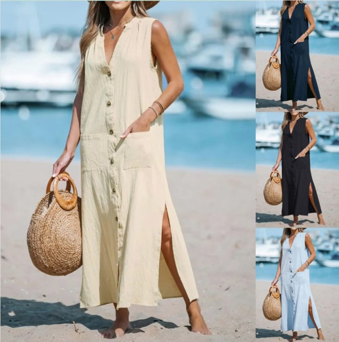 Women Casual V-neck Sleeveless Cotton Linen Beach Loose Vest Maxi Dress