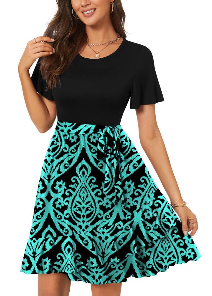 Women's Fashion Tie up Round Neck Printed Color Matching Casual Dresses